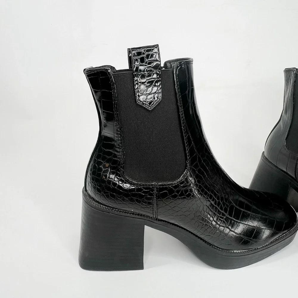 NASTY GAL Croc Square Toe Heeled Black Ankle Boots 8
